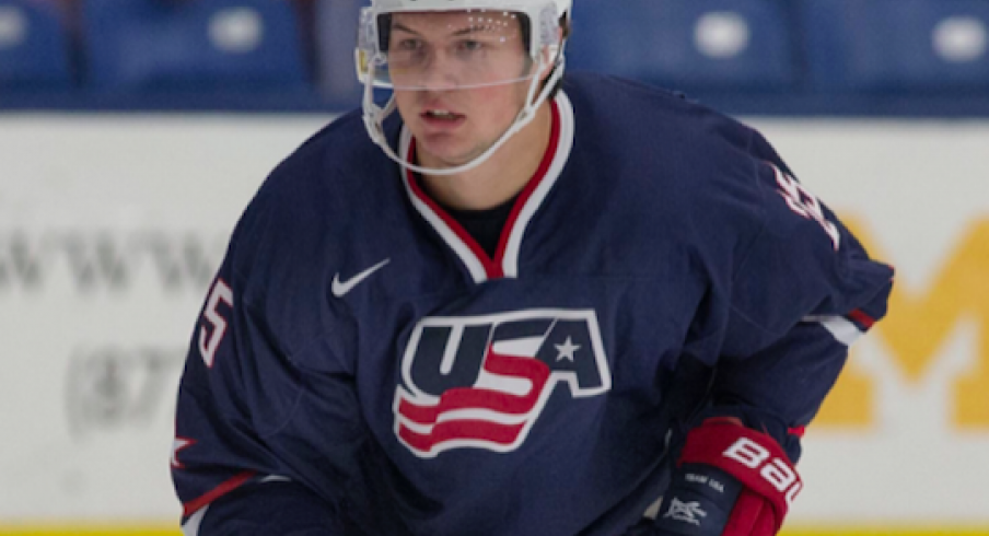 Andrew Peeke waiting for the puck to come to his stick