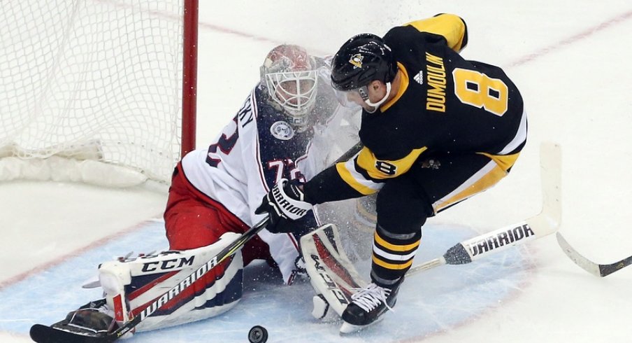 Brian Dumolin interferes with Sergei Bobrovsky during overtime