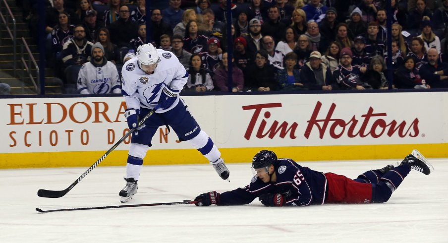 Markus Nutivaara dives to break up a Tyler Johnson opportunity.