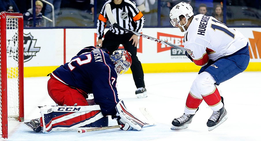 Sergei Bobrovsky makes a save on Jonathan Huberdeau during the Jackets shootout win over the Florida Panthers. 