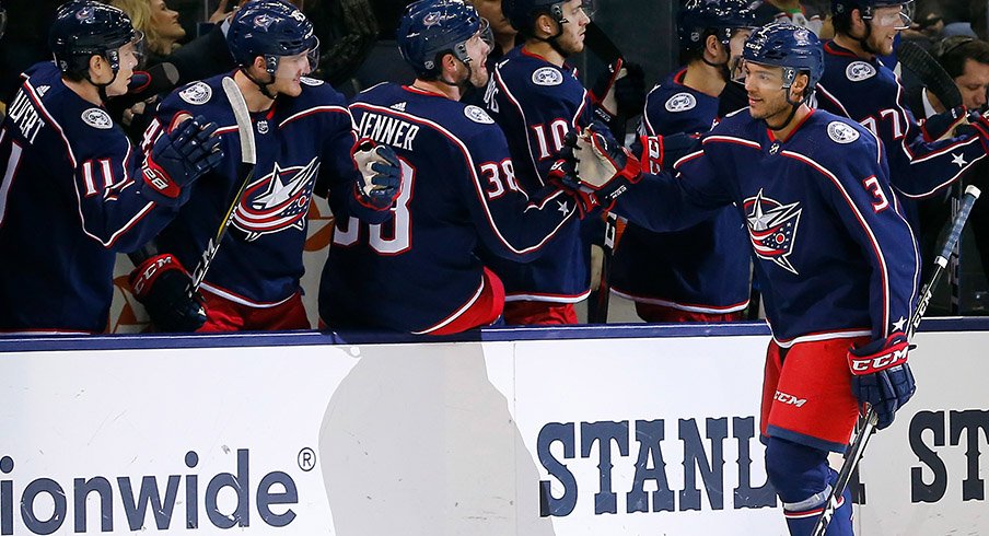 Seth Jones celebrates a goal against the Vancouver Canucks