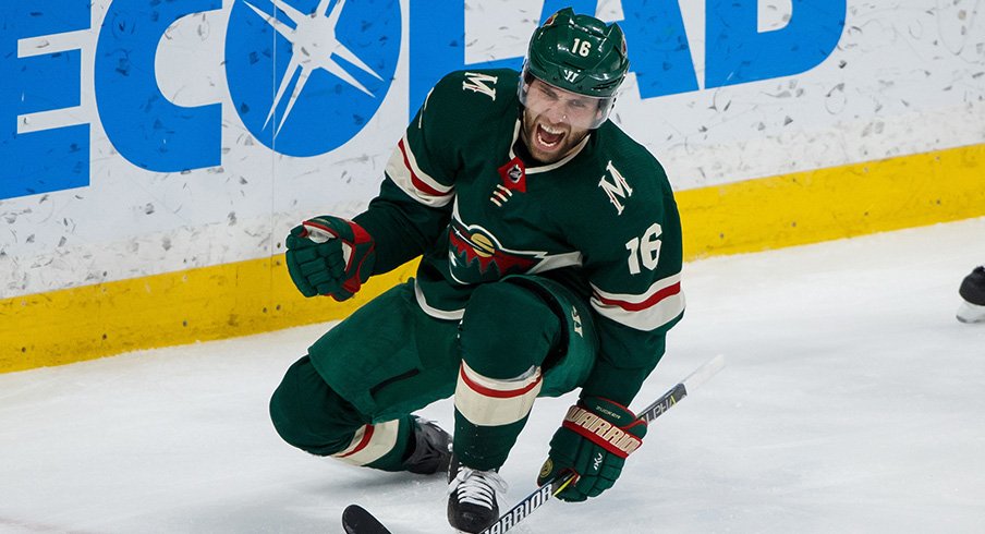 Jason Zucker celebrates a goal for the Minnesota Wild.