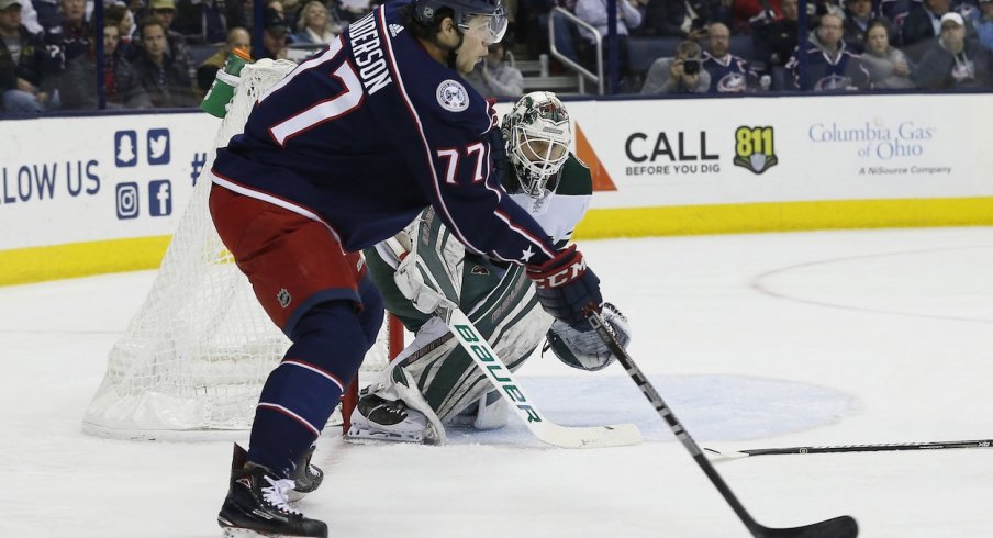 Josh Anderson hopes to score against the Wild's Devan Dubnyk