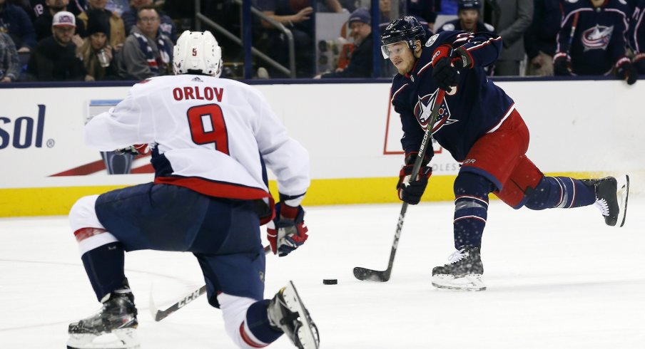 Cam Atkinson takes a shot against the Washington Capitals at Nationwide Arena