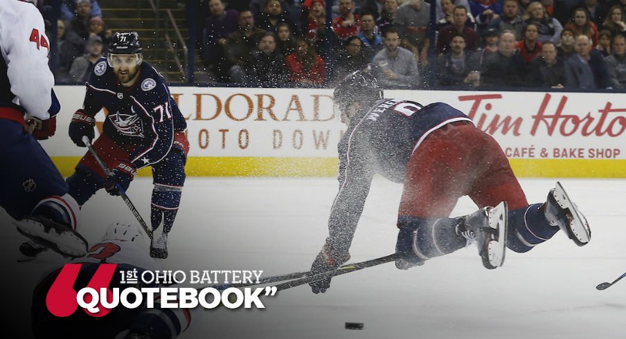 Zach Werenski and Nick Foligno try to beat Capitals goaltender Braden Holtby.