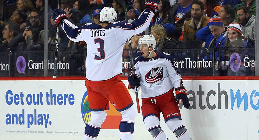 Cam Atkinson celebrates a goal against the New York Islanders 