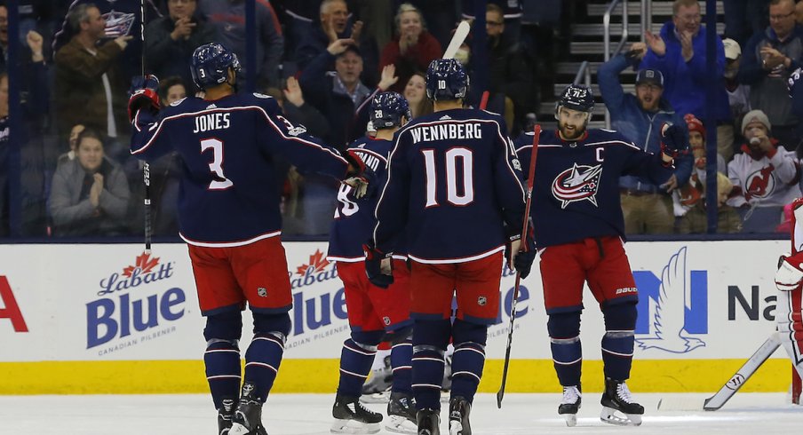 Blue Jackets celebrate a goal against New Jersey