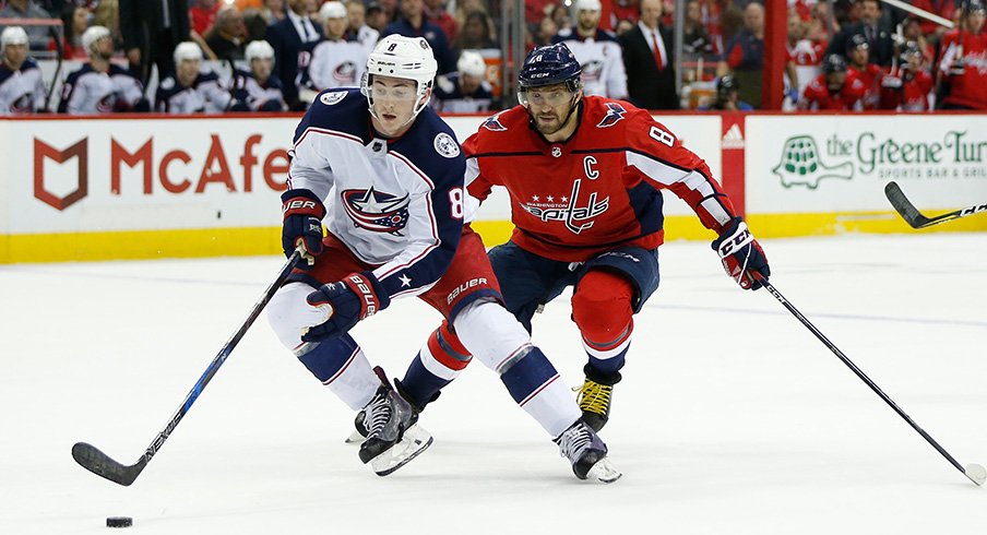 Zach Werenski carries the puck against the Washington Capitals 