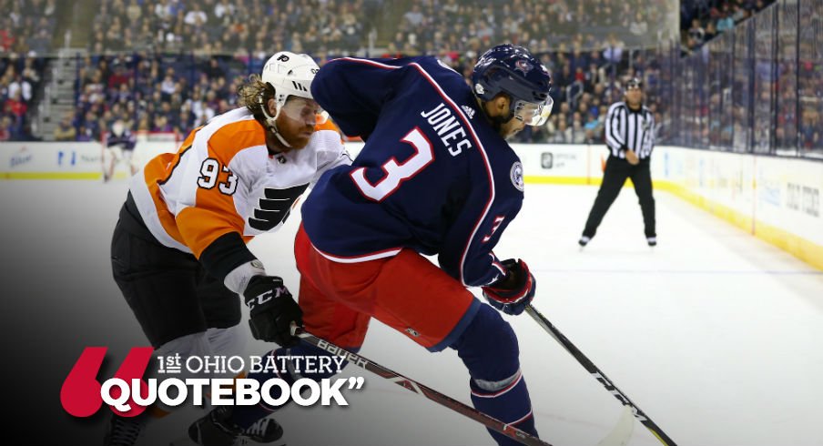Seth Jones tries to skate away from the Flyers' Jakub Voracek
