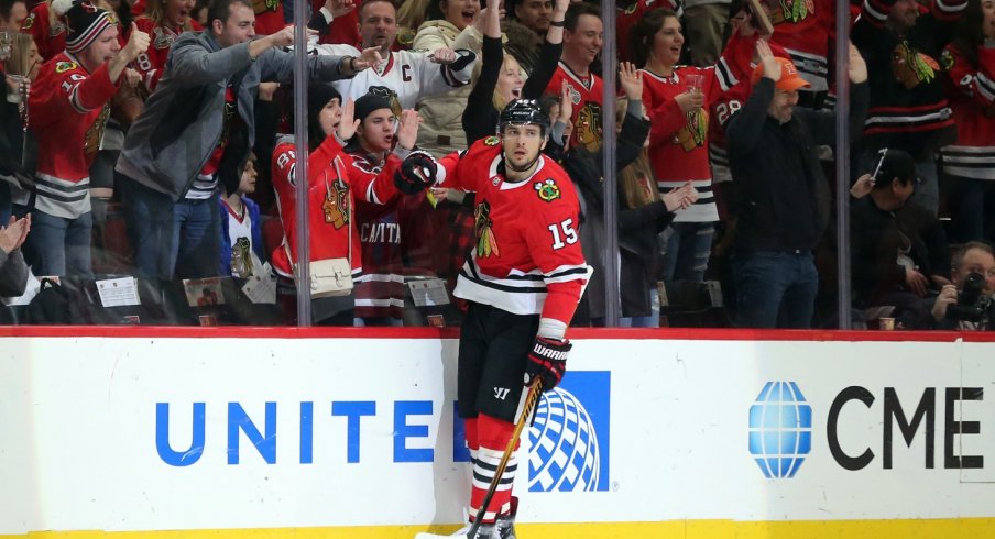 Artem Anisimov celebrates after scoring a goal for the Chicago Blackhawks