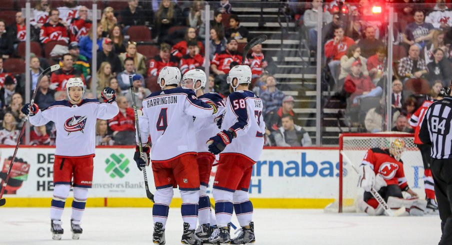 Blue Jackets celebrate a goal against New Jersey