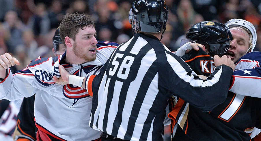 Pierre-Luc Dubois scraps with Ryan Kesler in the Columbus Blue Jackets' loss to the Anaheim Ducks 