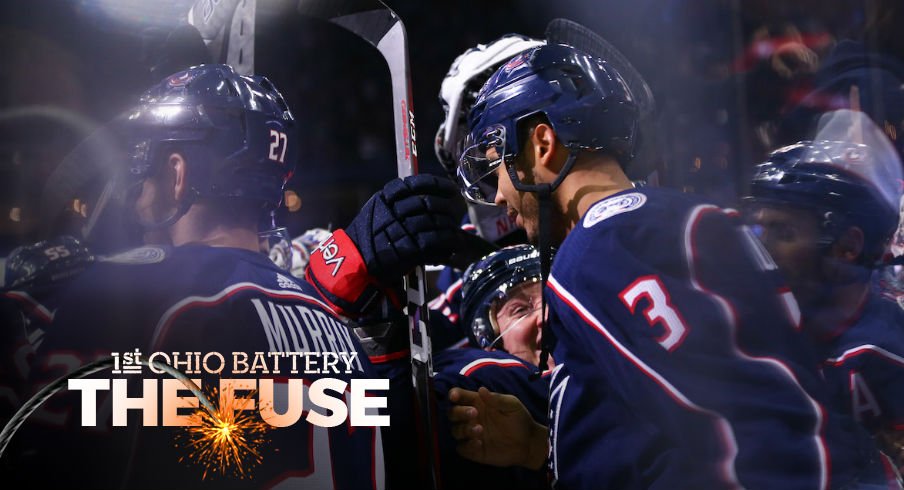 The Blue Jackets celebrate a goal by defenseman Seth Jones