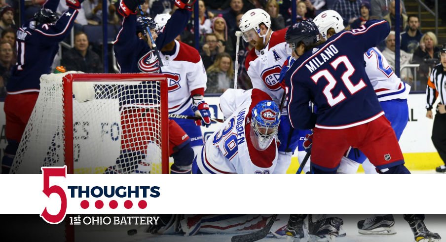 Sonny Milano and his linemates crash the net for a Blue Jackets goal