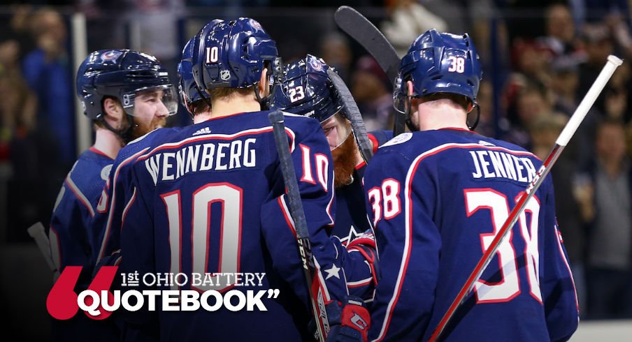 Blue Jackets celebrate a power play goal against Montreal