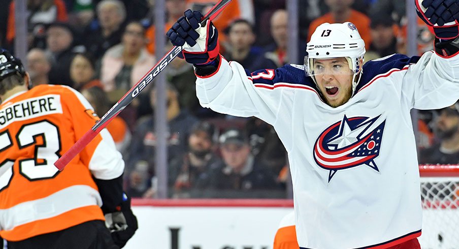 Cam Atkinson celebrates the first of his two goals against the Philadelphia Flyers