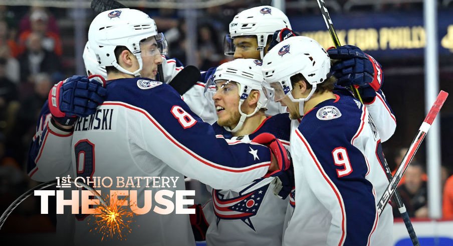 The Blue Jackets celebrate a goal against the Philadelphia Flyers