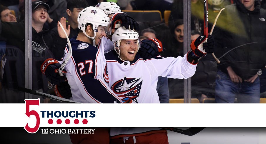 Ryan Murray and Cam Atkinson after the Blue Jackets score a game-winning goal