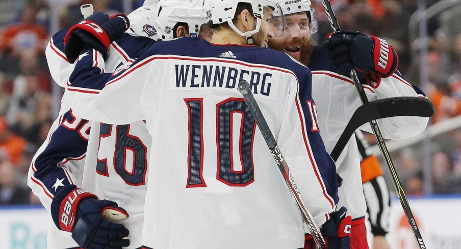 Blue Jackets celebrate a goal in Edmonton