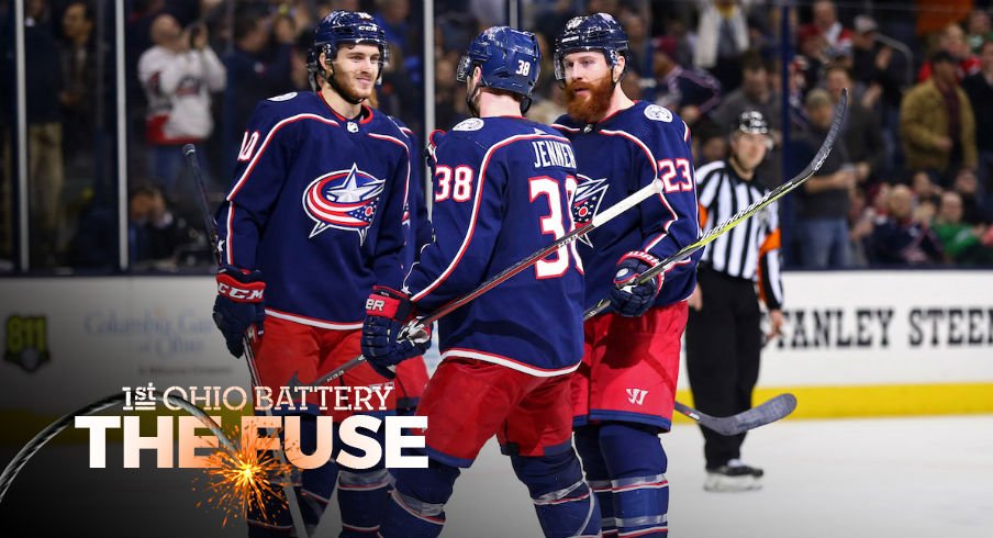The Blue Jackets celebrate a goal against the Montreal Canadiens
