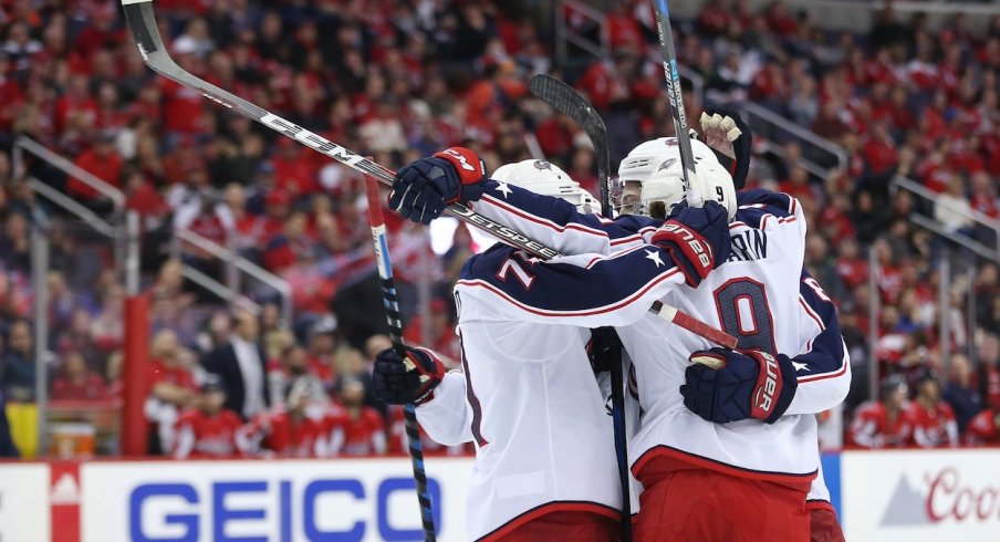 Artemi Panarin and company celebrate a goal against the Washington Capitals during Game 2