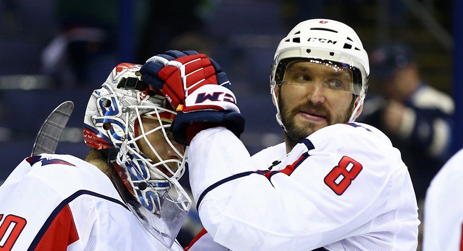 Alex Ovechkin celebrates his team's Game 4 win in Columbus.