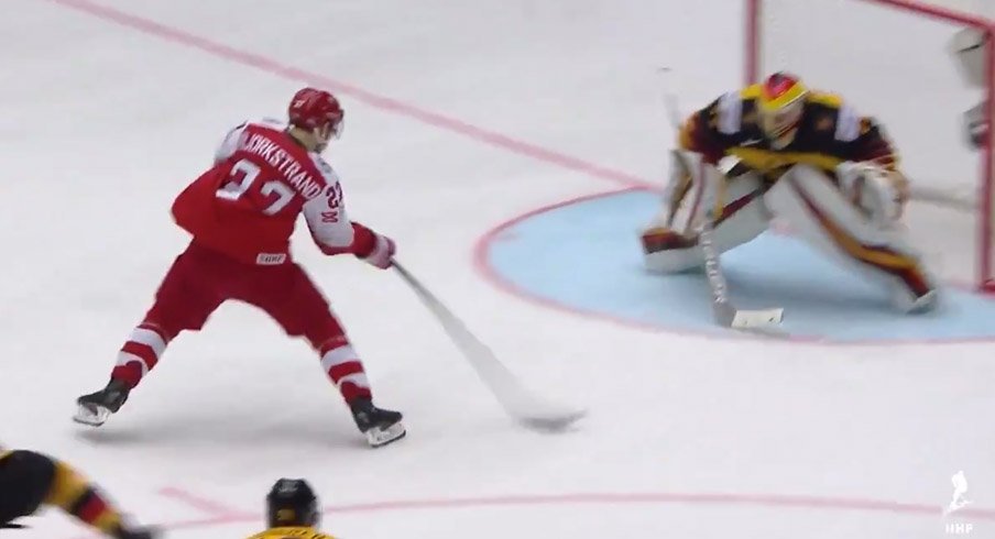 Oliver Bjorkstrand races in against Germany. 