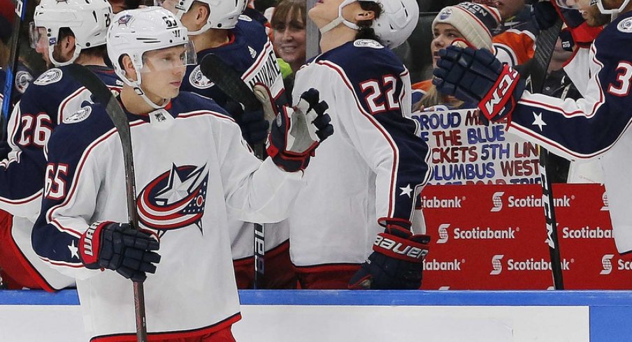 Markus Nutivaara celebrates a goal for the Columbus Blue Jackets. 