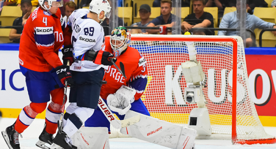 Cam Atkinson tries to score against Team Norway