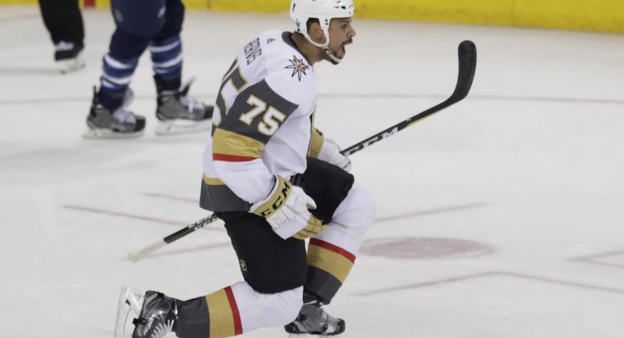 Vegas Golden Knights forward Ryan Reaves celebrates a goal in the Western Conference Final.