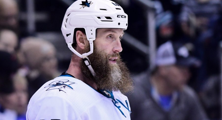 Center Joe Thornton waits for play to start during the 2017-18 season