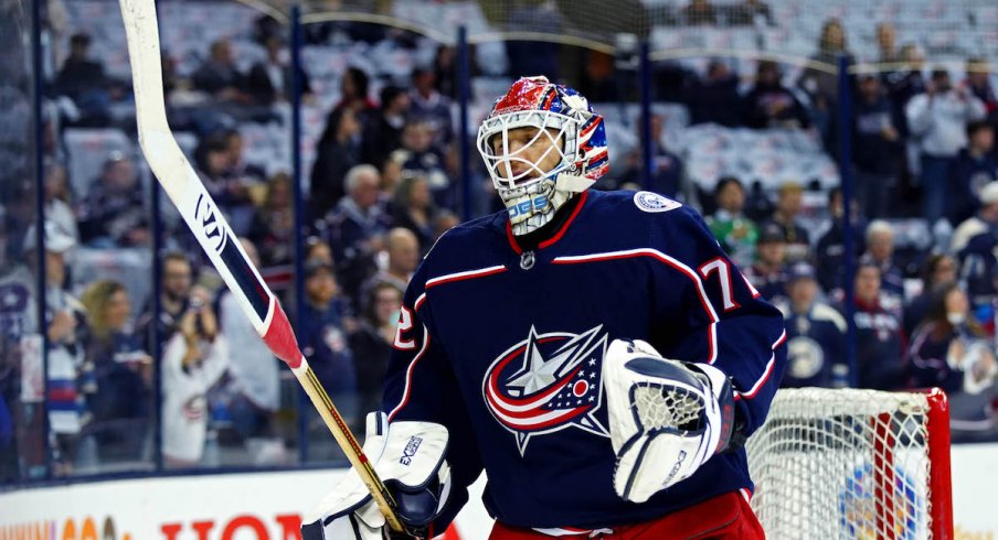 Columbus Blue Jackets goaltender Sergei Bobrovsky gets ready for Game 3 of the Stanley Cup playoffs at Nationwide Arena.