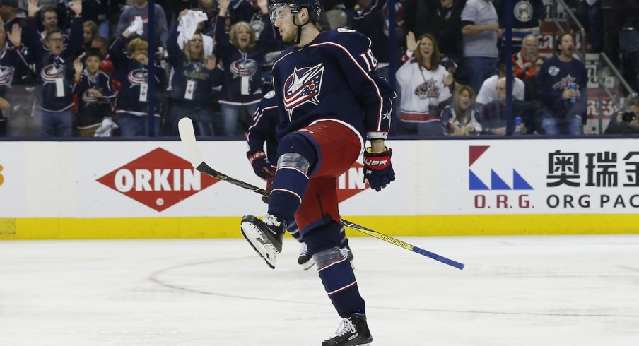Columbus Blue Jackets center Pierre-Luc Dubois celebrates a goal against the Washington Capitals at Nationwide Arena in the Stanley Cup playoffs.
