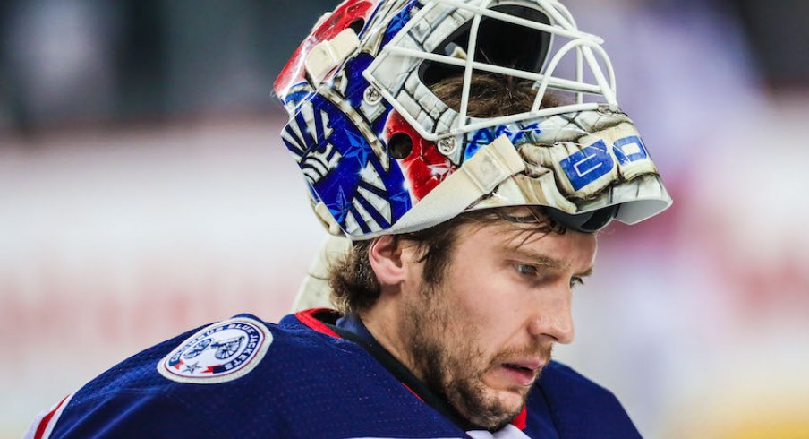 Columbus Blue Jackets goaltender Sergei Bobrovsky prepares for a start during warm-ups at the Scotiabank Saddledome.