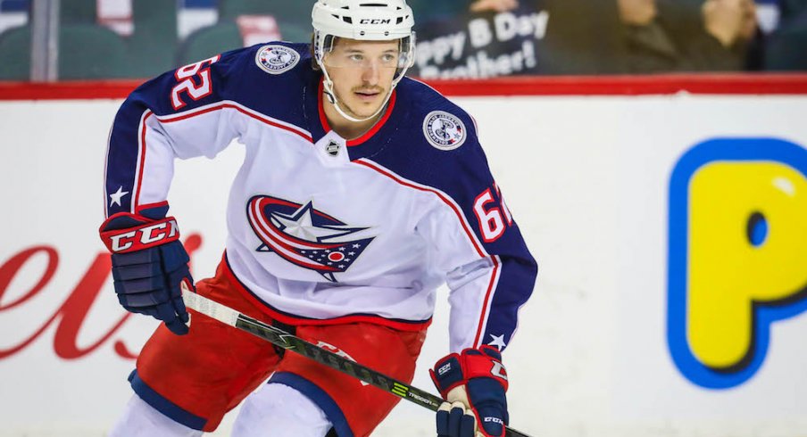 Columbus Blue Jackets center Alex Broadhurst warms up before a game at Scotiabank Saddledome in Calgary.