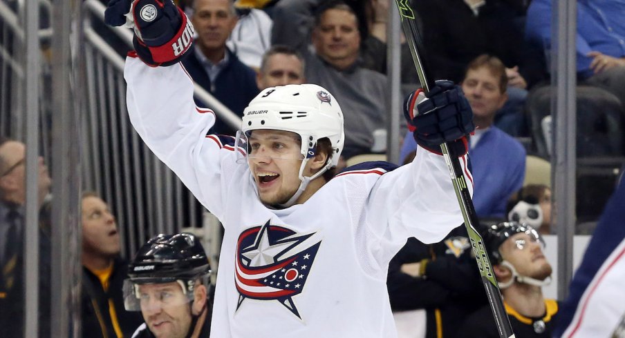 Columbus Blue Jackets forward Artemi Panarin celebrates a goal against the Pittsburgh Penguins.