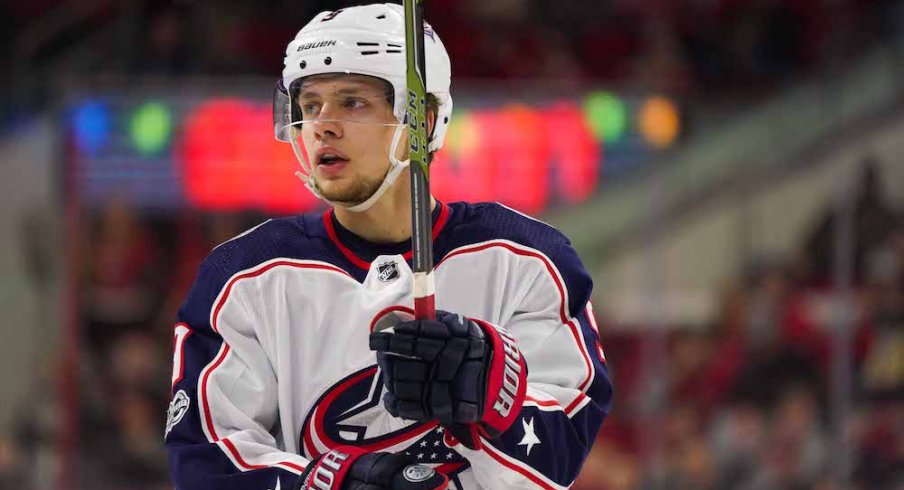 Columbus Blue Jackets forward Artemi Panarin looks on during play against the Carolina Hurricanes at PNC Arena.