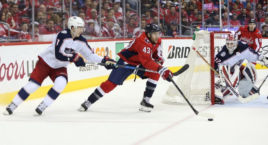 Zach Werenski tracks down Tom Wilson during the 2018 Stanley Cup Playoffs