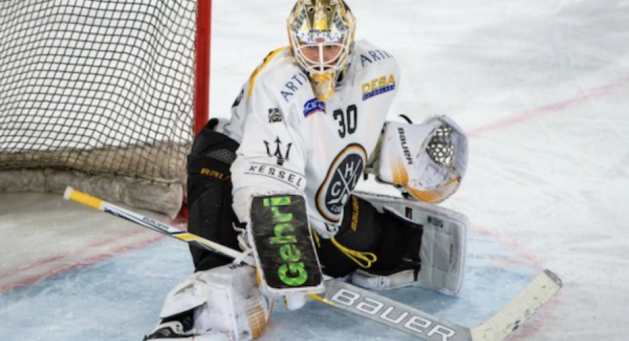 Columbus Blue Jackets prospect Elvis Merzlikins, in action for Swiss League side HC Lugano.