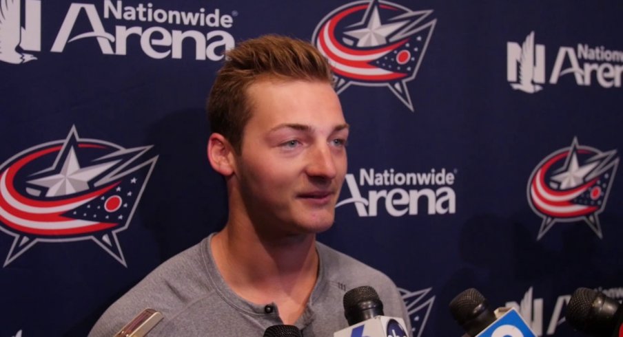 Carson Meyer speaks to the media during the 2017 Blue Jackets development camp
