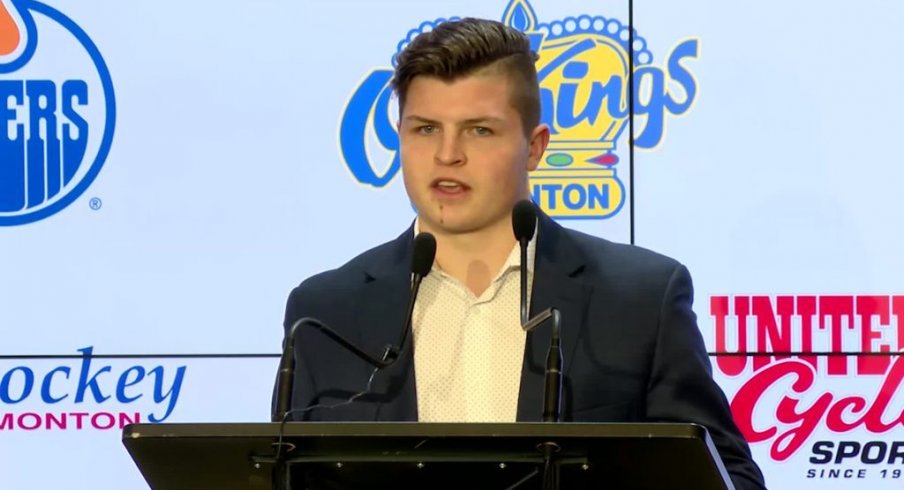 Trey Fix-Wolansky talks to the media after a game playing with the Edmonton Oil Kings