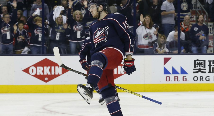 Pierre-Luc Dubois celebrates a goal against the Washington Capitals