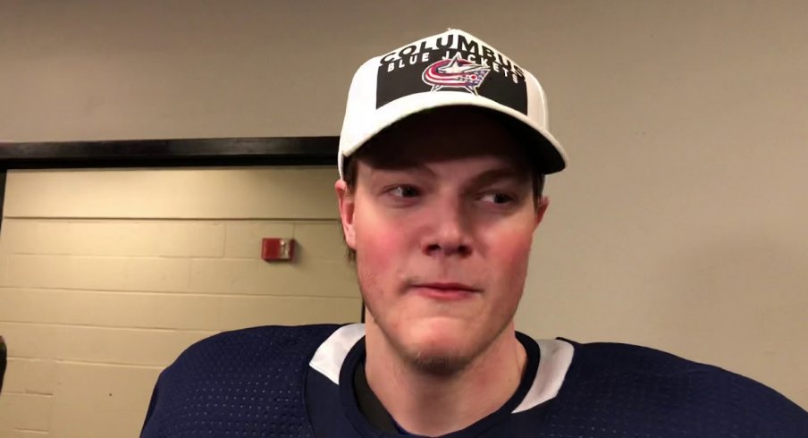 Eric Robinson talks to the media after his first game as a Columbus Blue Jackets