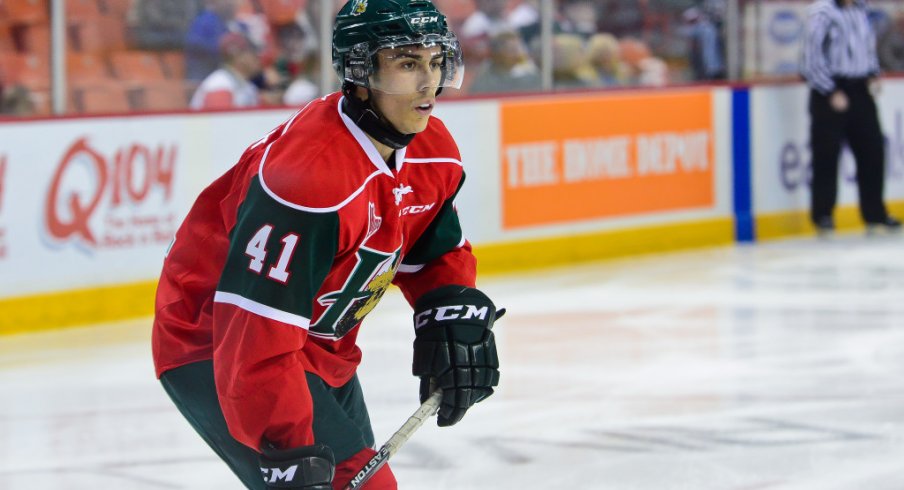Maxime Fortier awaits the puck during a game for the Halifax Mooseheads