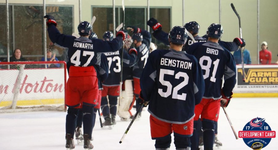 Emil Bemstrom celebrates with his team at Blue Jackets Development Camp.