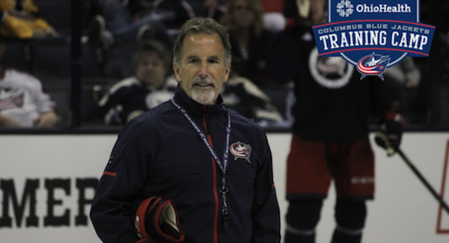 Columbus Blue Jackets head coach John Tortorella directs practice at training camp in 2017 at Nationwide Arena.