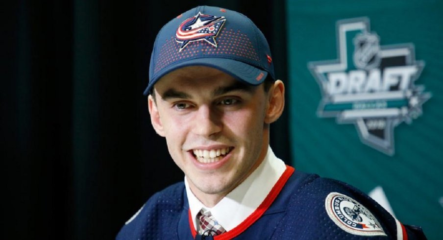 Columbus Blue Jackets forward Liam Foudy speaks to the media after being drafted at the 2018 NHL DRaf
