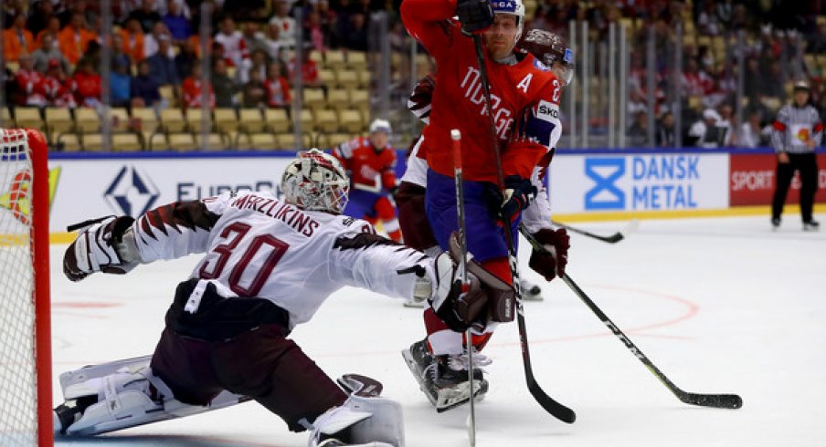 Elvis Merzlikins making a save against Norway at the 2018 IIHF World Hockey Championships