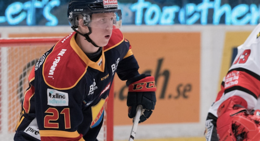 Blue Jackets forward prospect Jonathan Davidsson skates during a game in Sweden.