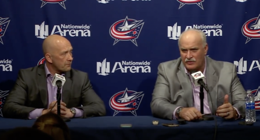 John Davidson and Jarmo Kekalainen address the media during exit interviews at Nationwide Arena.